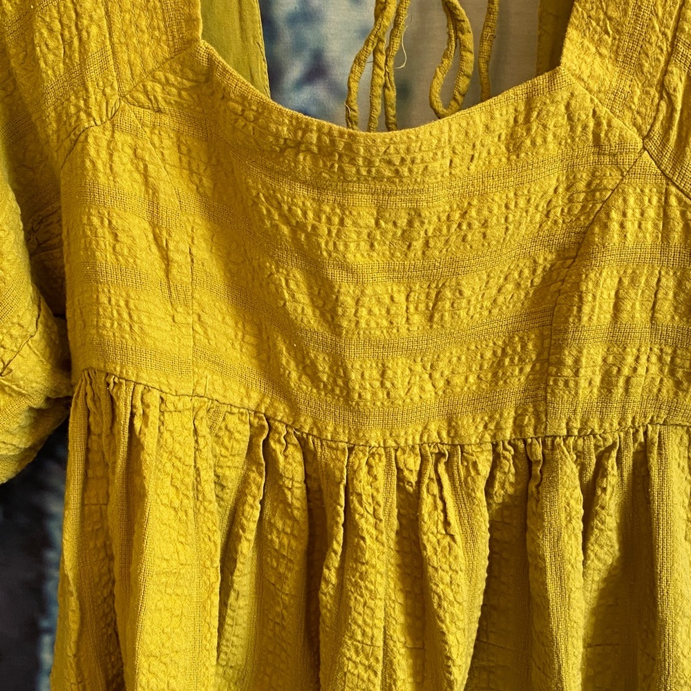 Free People chartreuse Mini Dress puff sleeves pockets open back square neckline - Picture 2 of 14